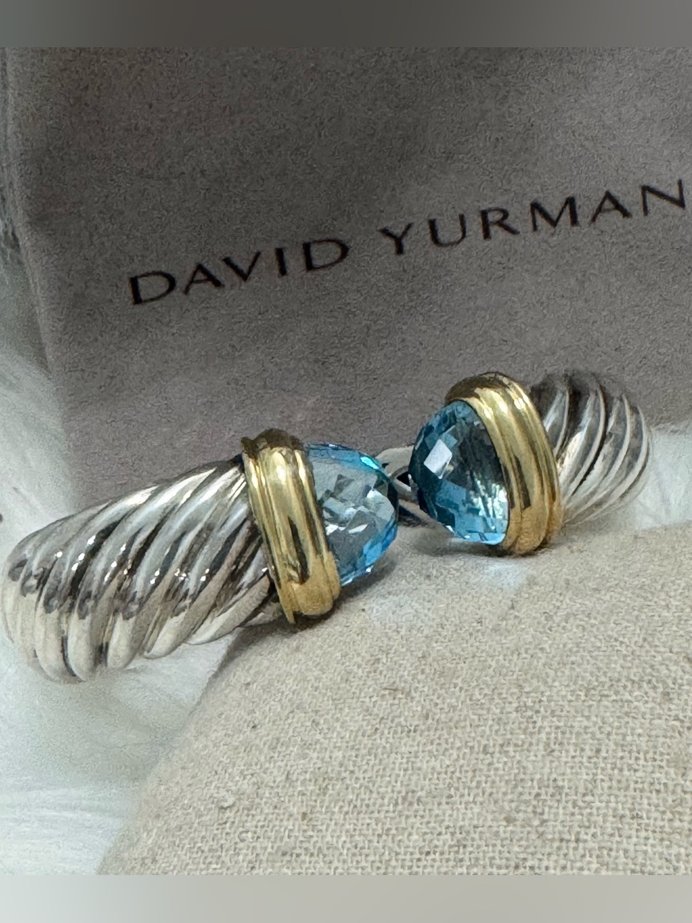 David Yurman 15MM Waverly Blue Topaz Cable Cuff Bracelet .925/18K Gold